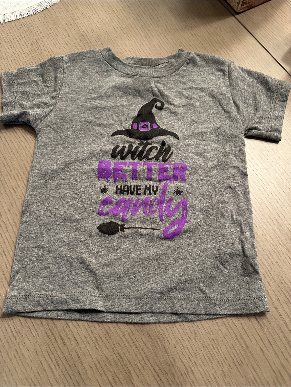 Kids Gray Halloween Tee with Purple Witch Graphic